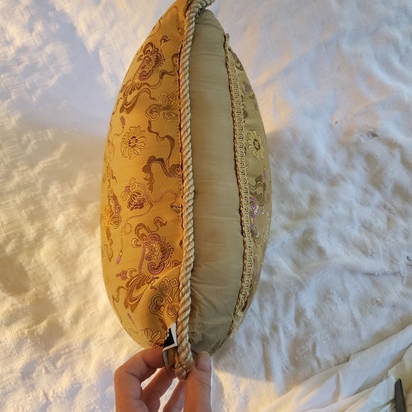 Embroidered silk accent pillow in tan, gold, light blue, pink, 15" square - Picture 8 of 12